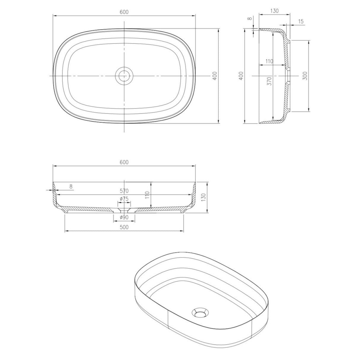 Bianca Above Counter Stone Basin - Black Onyx