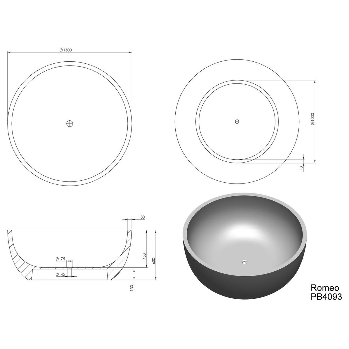 Romeo 1500mm Freestanding Bathtub