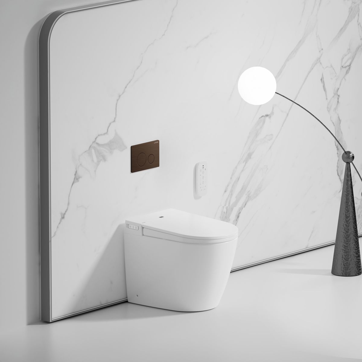 Crawford Inwall Cistern Floor Pan Smart Toilet With Brushed Bronze Flush Plate