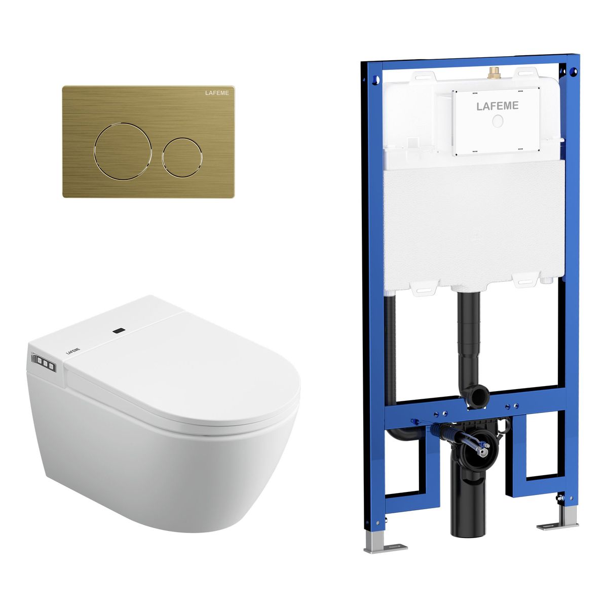 Sesto Inwall Cistern Wall Hung Smart Toilet With Brushed Gold Flush Plate