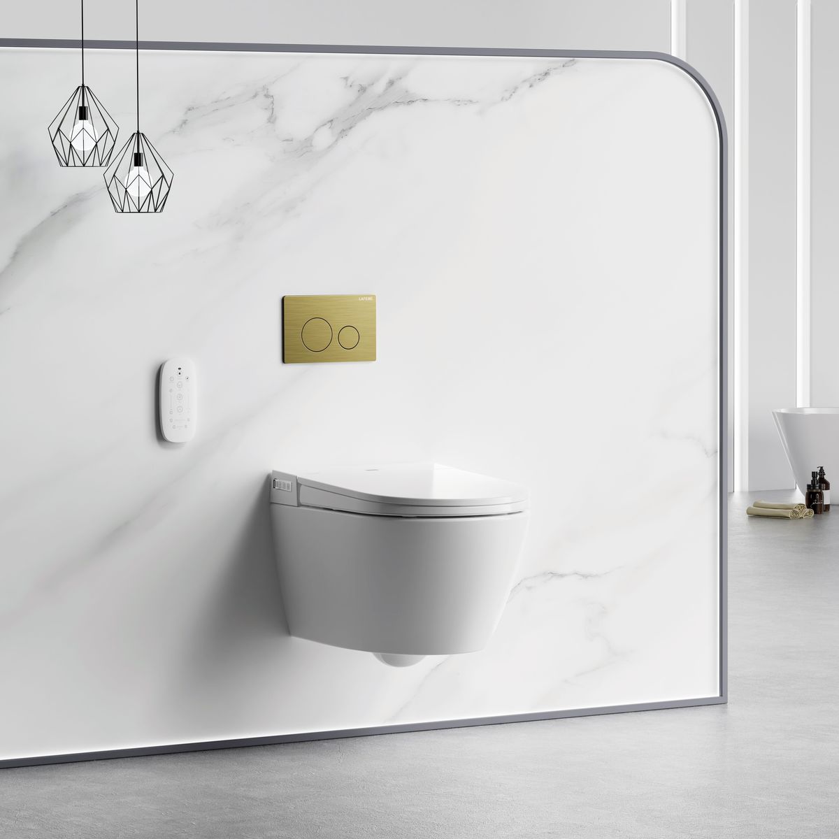 Sesto Inwall Cistern Wall Hung Smart Toilet With Brushed Gold Flush Plate