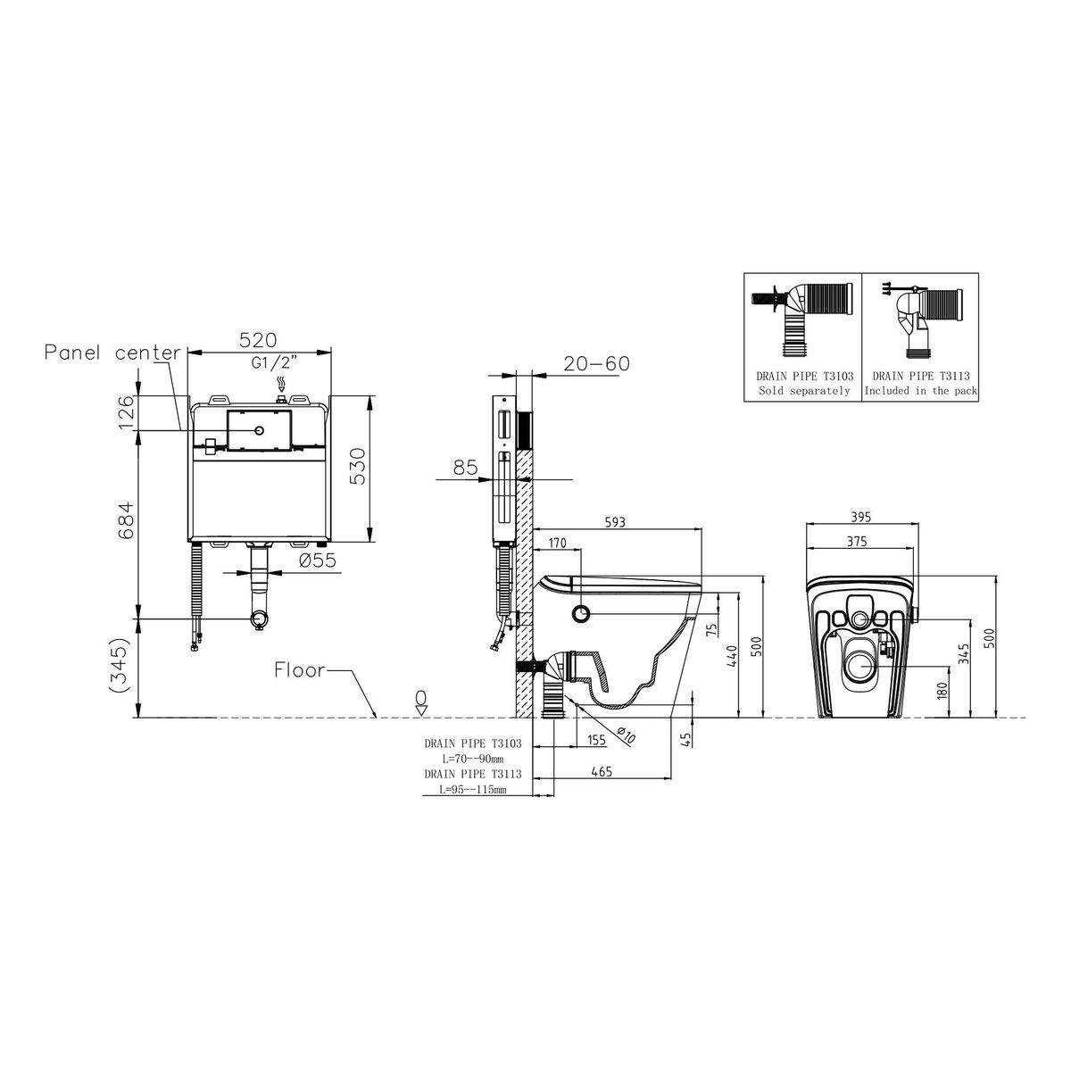 Autolux Inwall Cistern Floor Pan Smart Toilet With Gun Metal Flush Plate