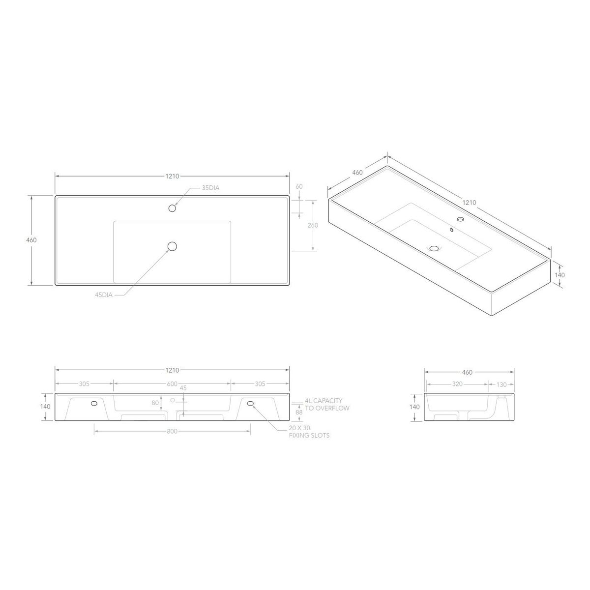 Teorema Wall Basin 1200 - No Taphole, Centre