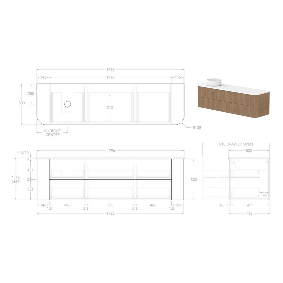 Thirroul Coastal Oak 1800 Wall Hung Vanity, Left Offset Bowl