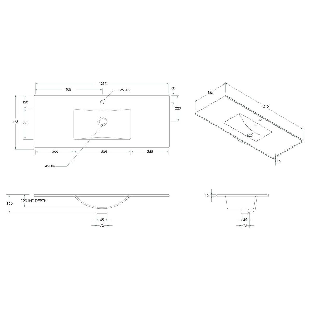Glacier Ceramic Moulded Top 1200mm Centre Bowl 0 Tap Hole in Gloss White
