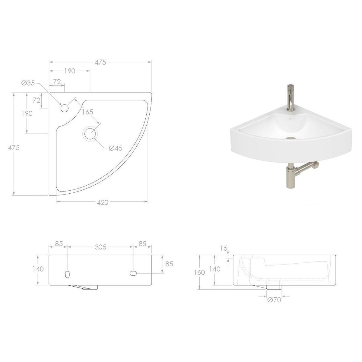 Square Corner Wall Hung Basin in Gloss White