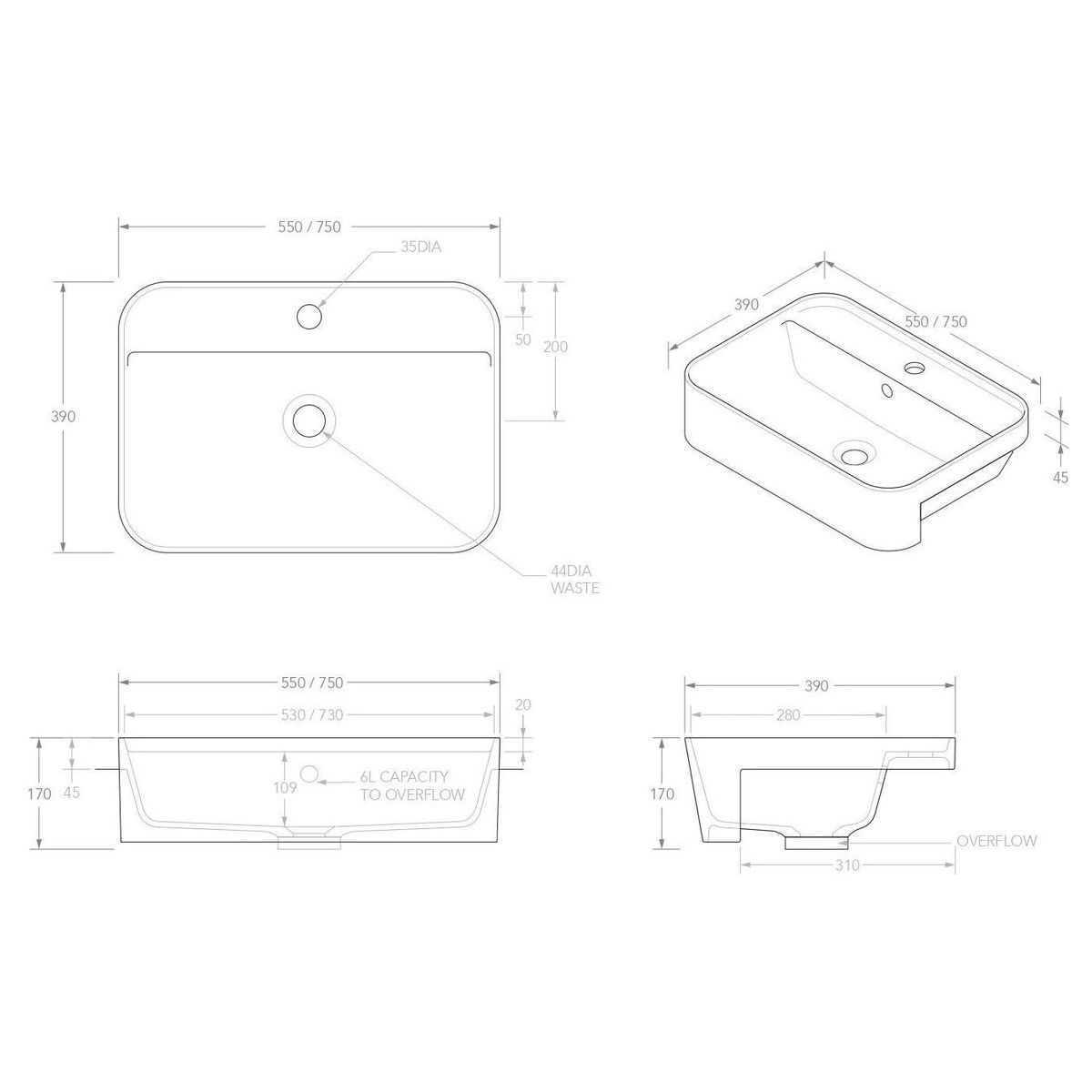 Miya 550 Semi-Recessed Basin in Matte White