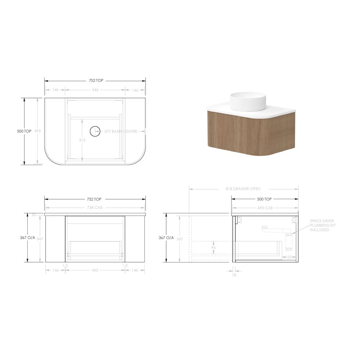 Waverley 750mm Prime Oak Woodmatt Wall Hung Cabinet