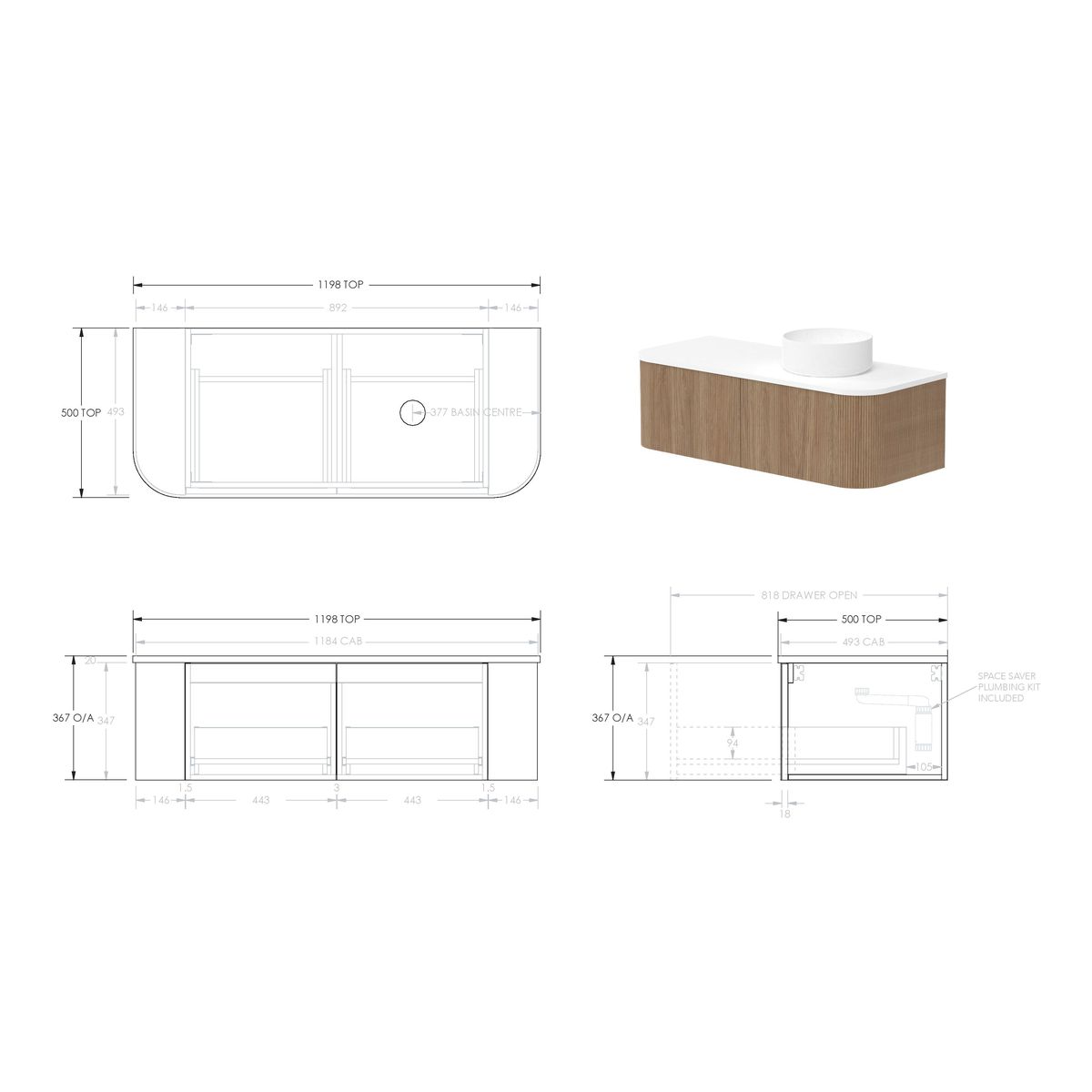 Waverley 1200mm Prime Oak Woodmatt Wall Hung Cabinet, Right Offset Bowl