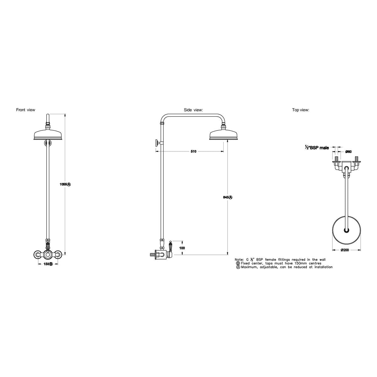 Brodware Neu England 200mm Shower Mixer Set III, Kristall Lever