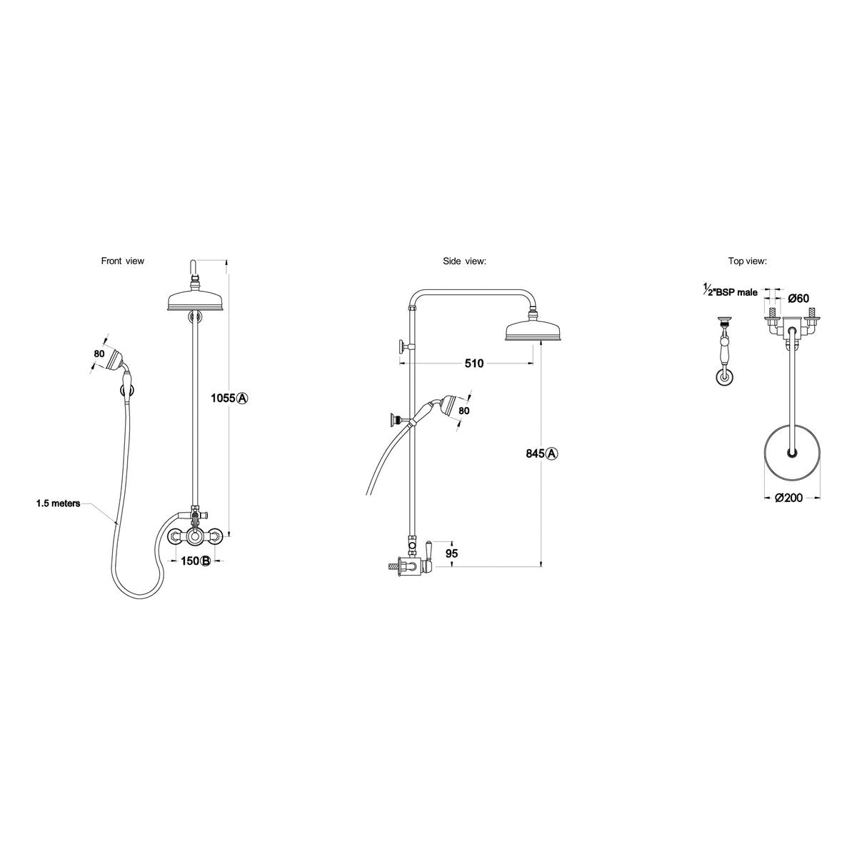 Brodware Neu England 200mm Shower Mixer Set II, Kristall Lever