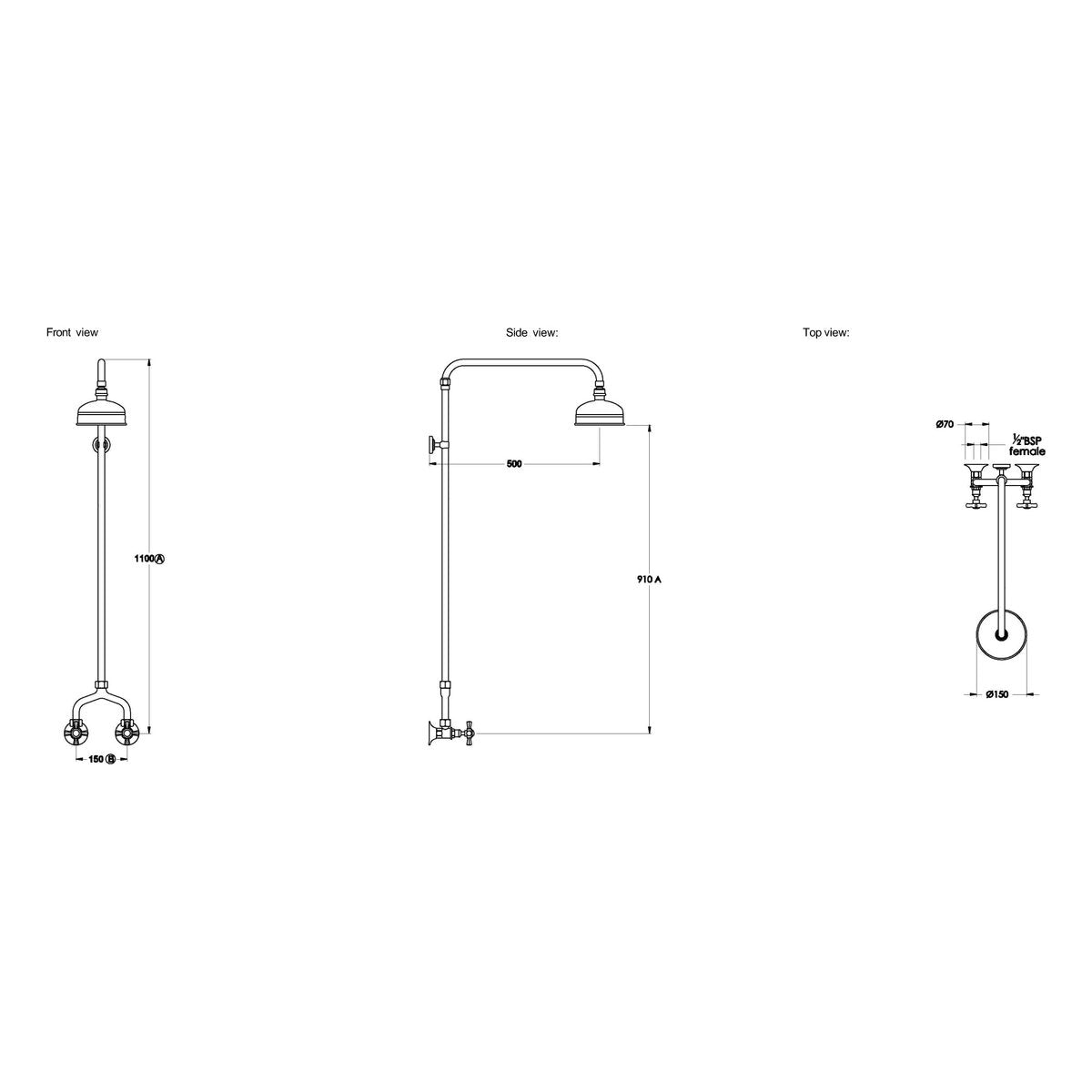 Brodware Classique 150mm Shower Set, Cross Handle - Ceramic Disc