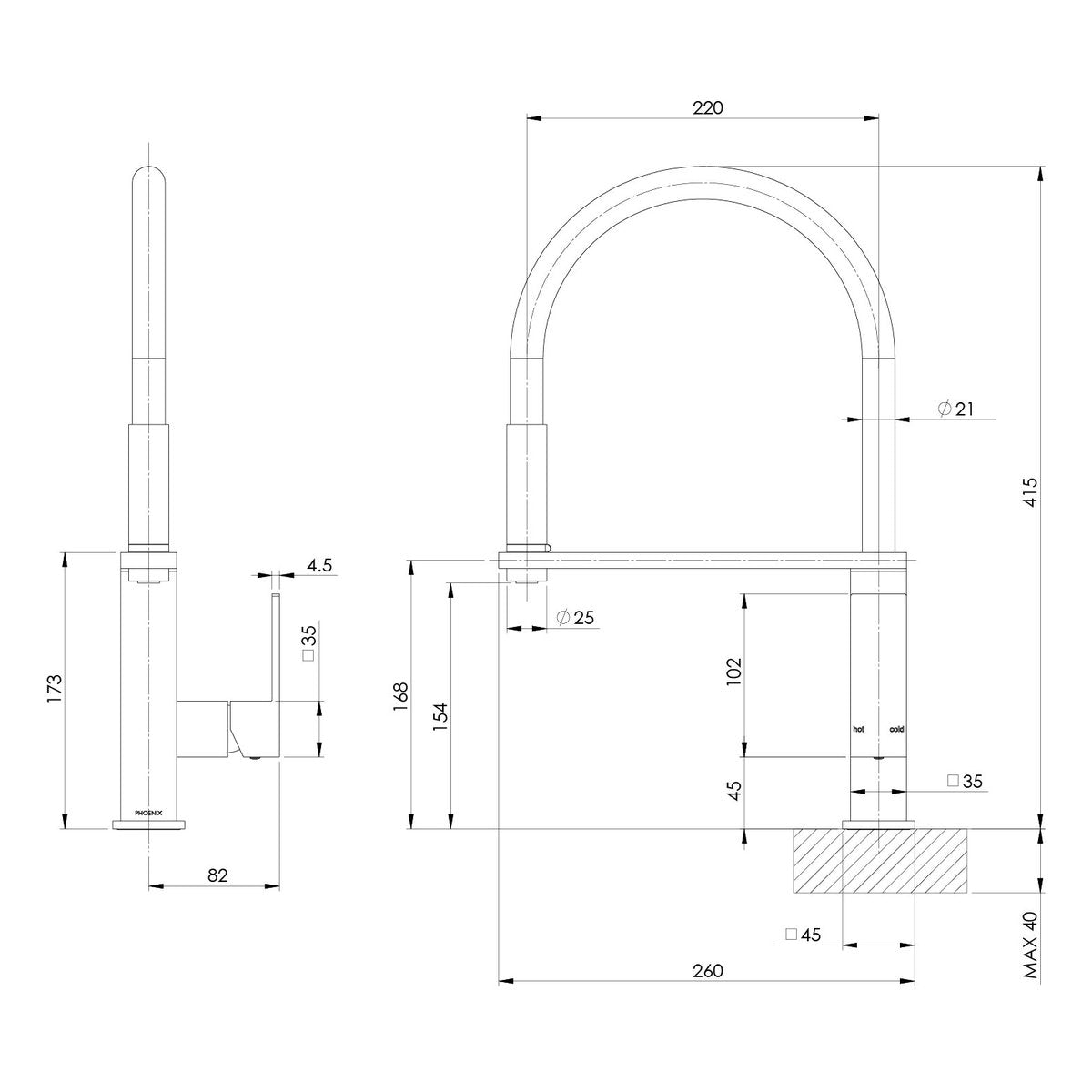 Phoenix Vezz Flexible Hose Sink Mixer 220mm Squareline, Lead Free, Matte Black