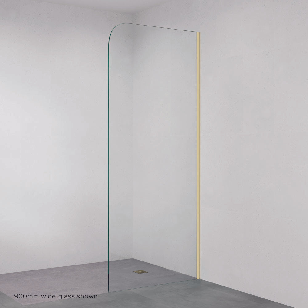 Fienza Curved Edge Fixed Frameless Glass Shower Panel with Channel, Brushed Gold, 1200mm