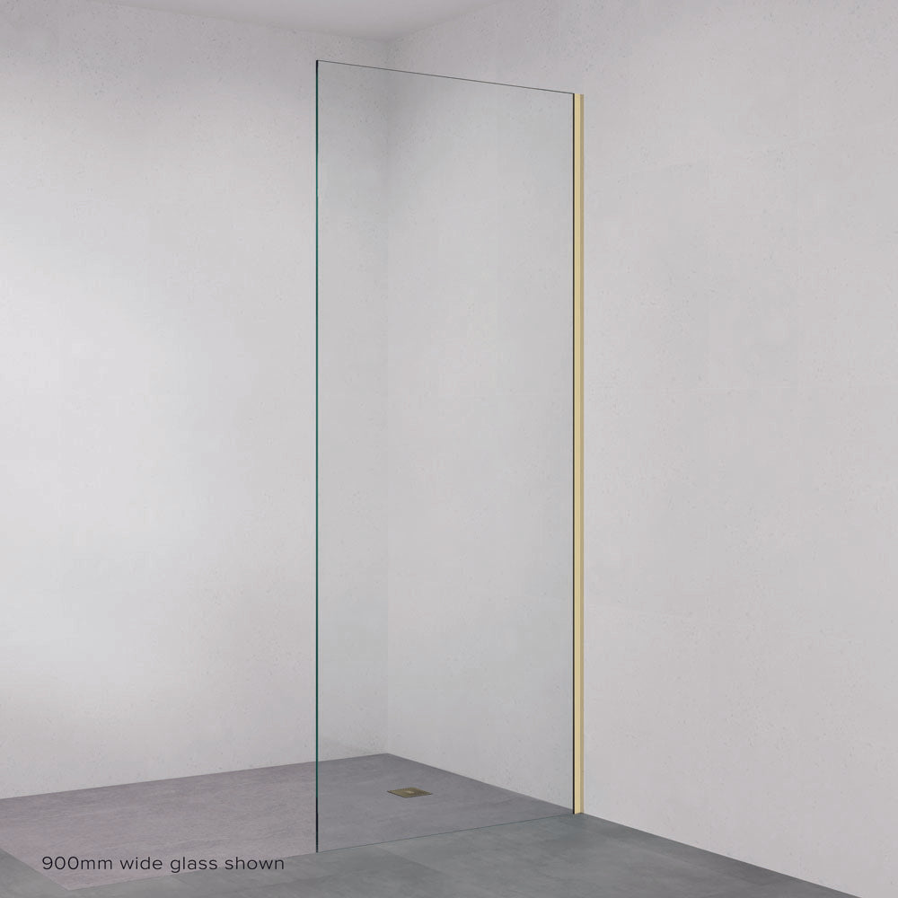Fienza Rectangular Fixed Frameless Glass Shower Panel with Channel, Brushed Gold, 1200mm