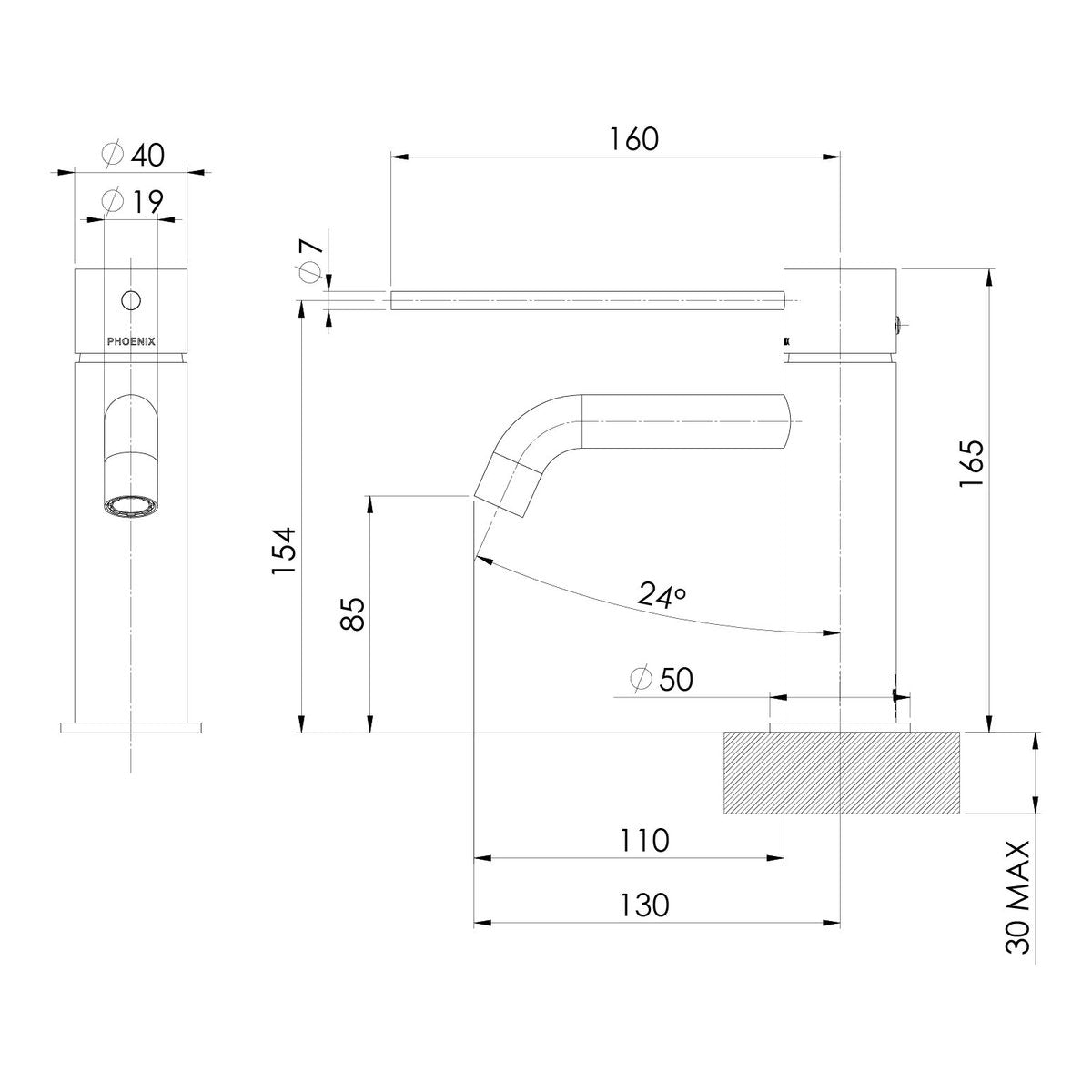 Phoenix Vivid Slimline Basin Mixer Curved Outlet with Extended Lever, Lead Free, Brushed Carbon