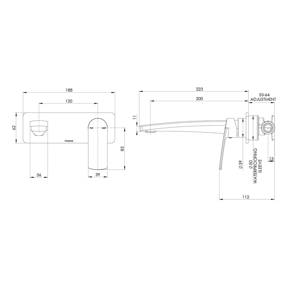 Phoenix Mekko SwitchMix Wall Basin/Bath Mixer Set 200mm (Complete Kit), Lead Free, Matte Black