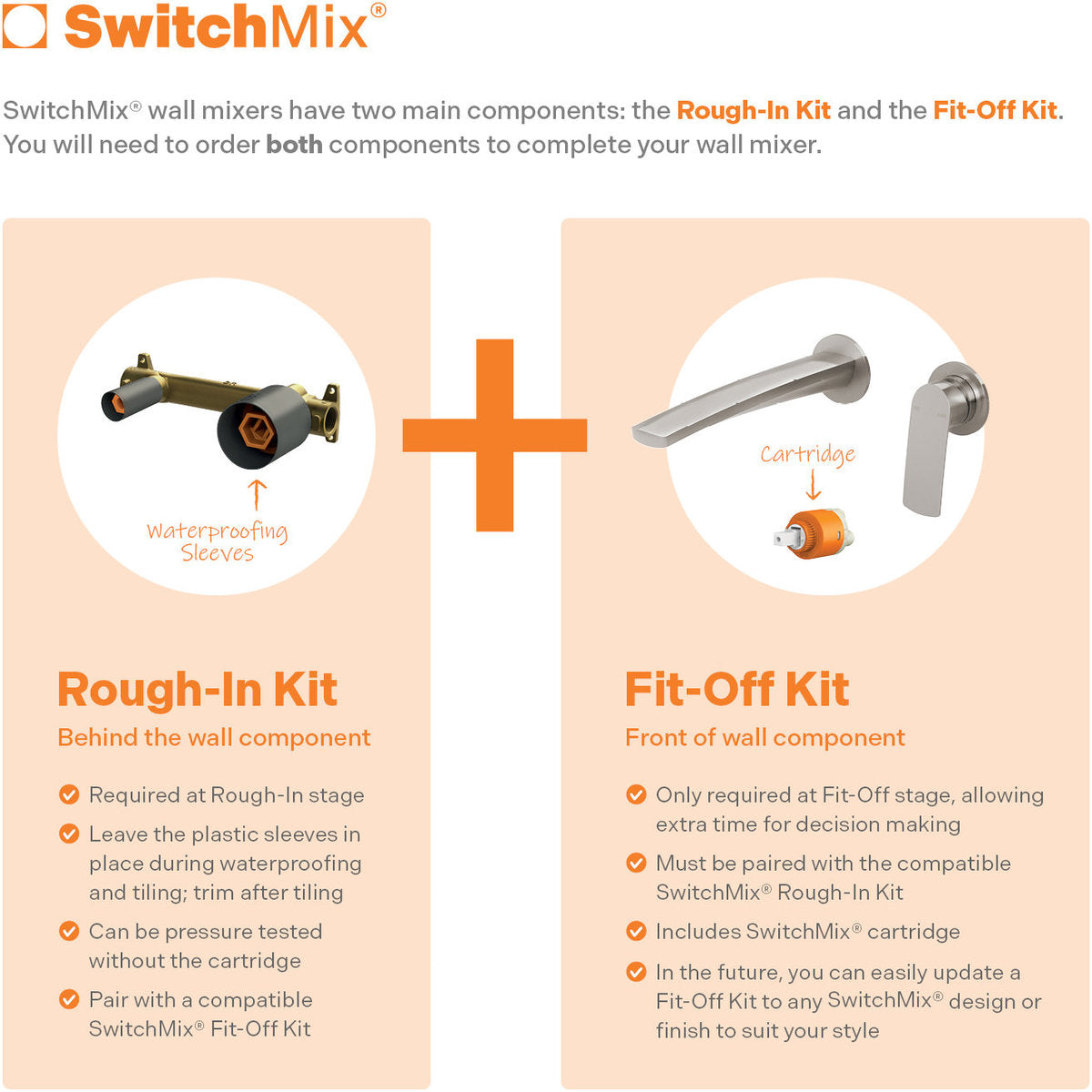 Phoenix Mekko SwitchMix Wall Basin/Bath Mixer Set 200mm Round Plates (Fit-Off Kit Only) - Lead Free, Chrome