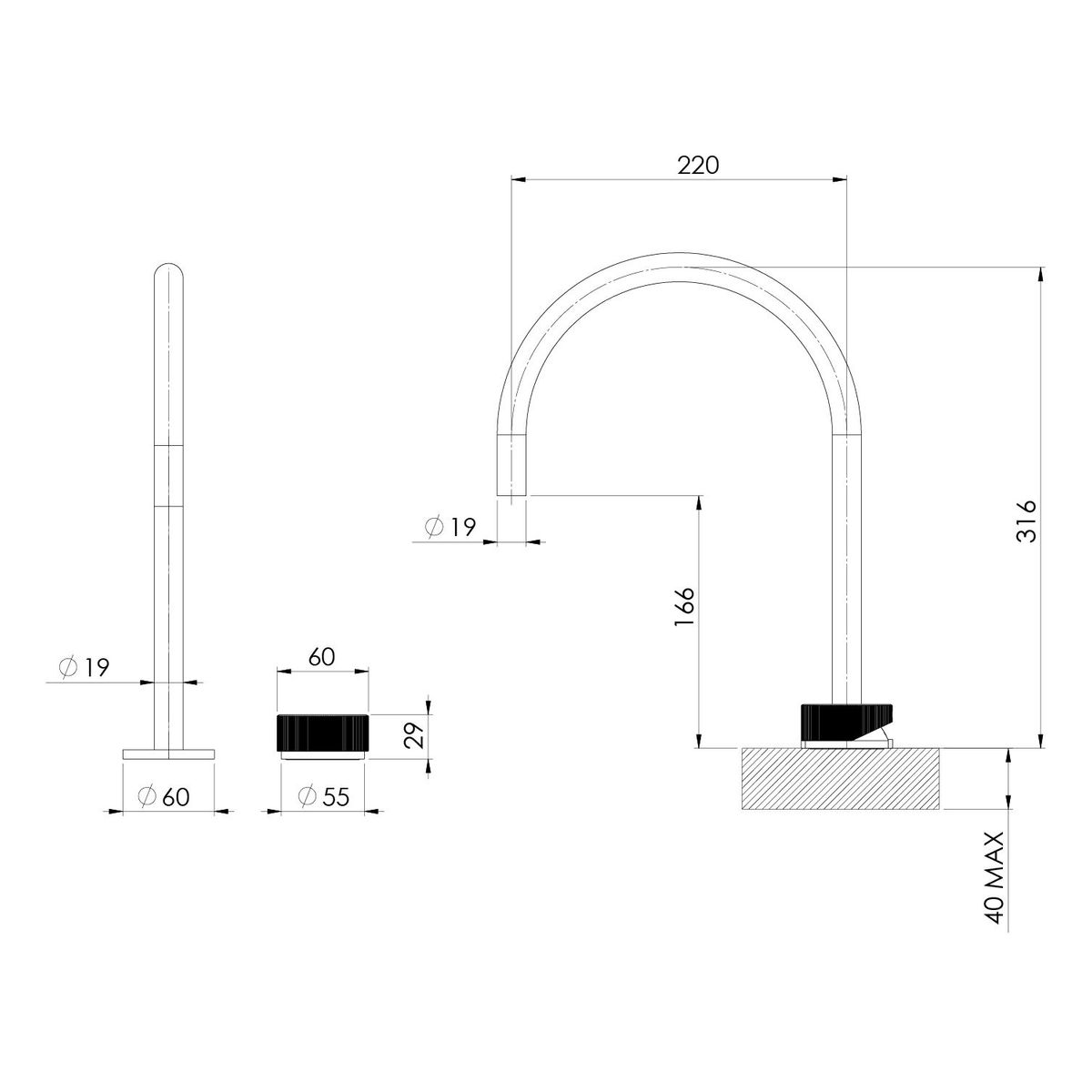 Axia Hob Sink Mixer Set 220mm Gooseneck - Matte Black