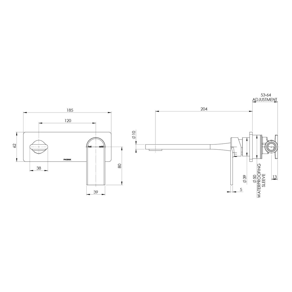 Phoenix Teel SwitchMix Wall Basin/Bath Mixer Set 200mm (Complete Kit), Lead Free, Brushed Nickel