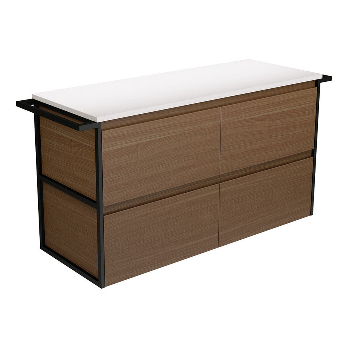 Fienza Amato Walnut 1200 Wall-Hung Cabinet, Matte Black Towel Rails