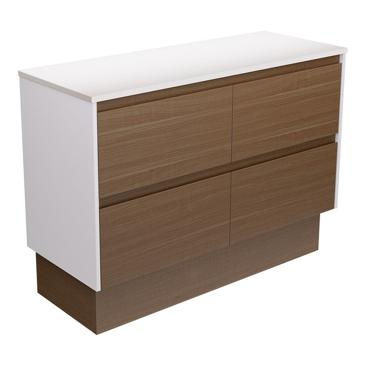 Fienza Amato Walnut 1200 Cabinet On Kickboard, Satin White Panels