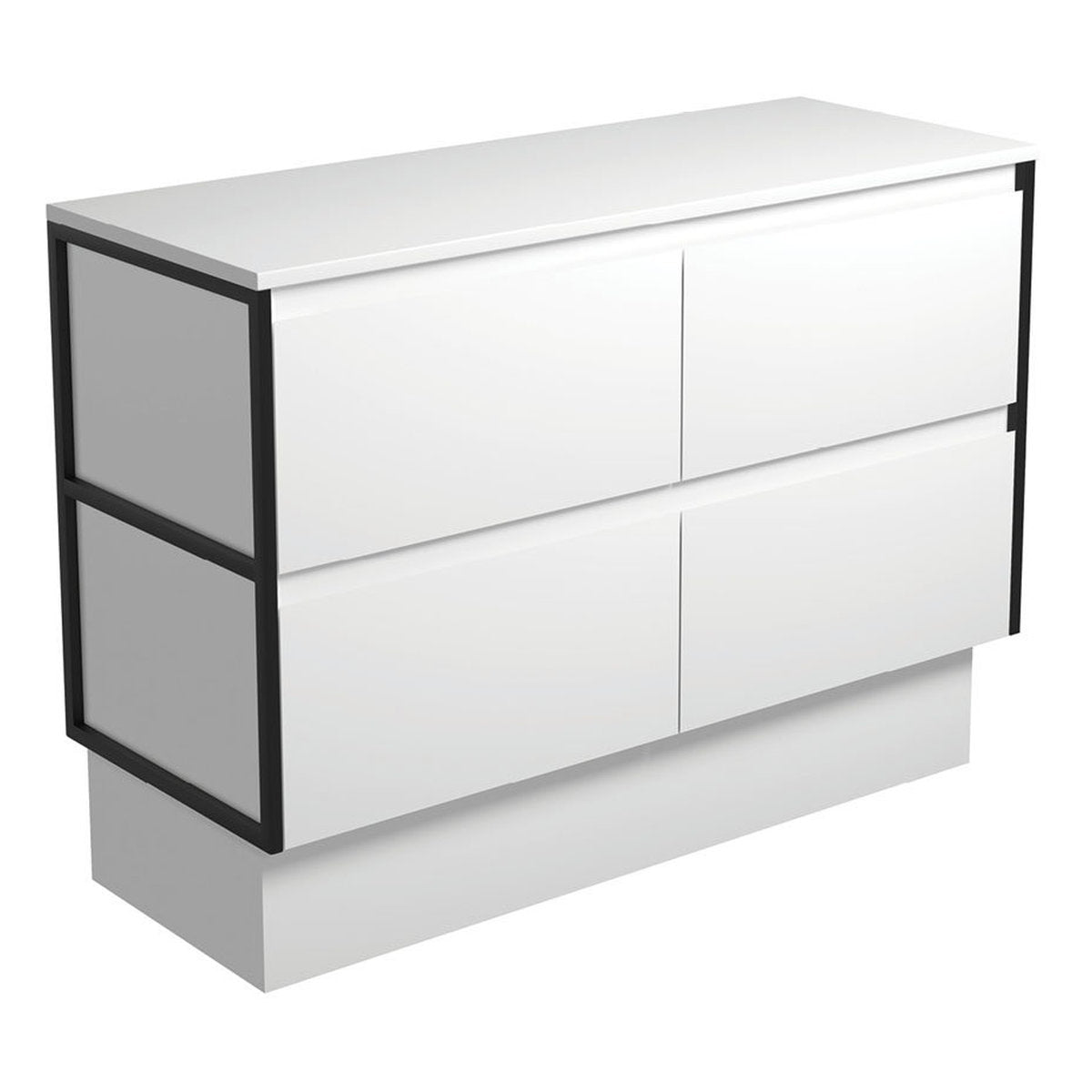 Fienza Amato Satin White 1200 Cabinet On Kickboard, Matte Black Frames