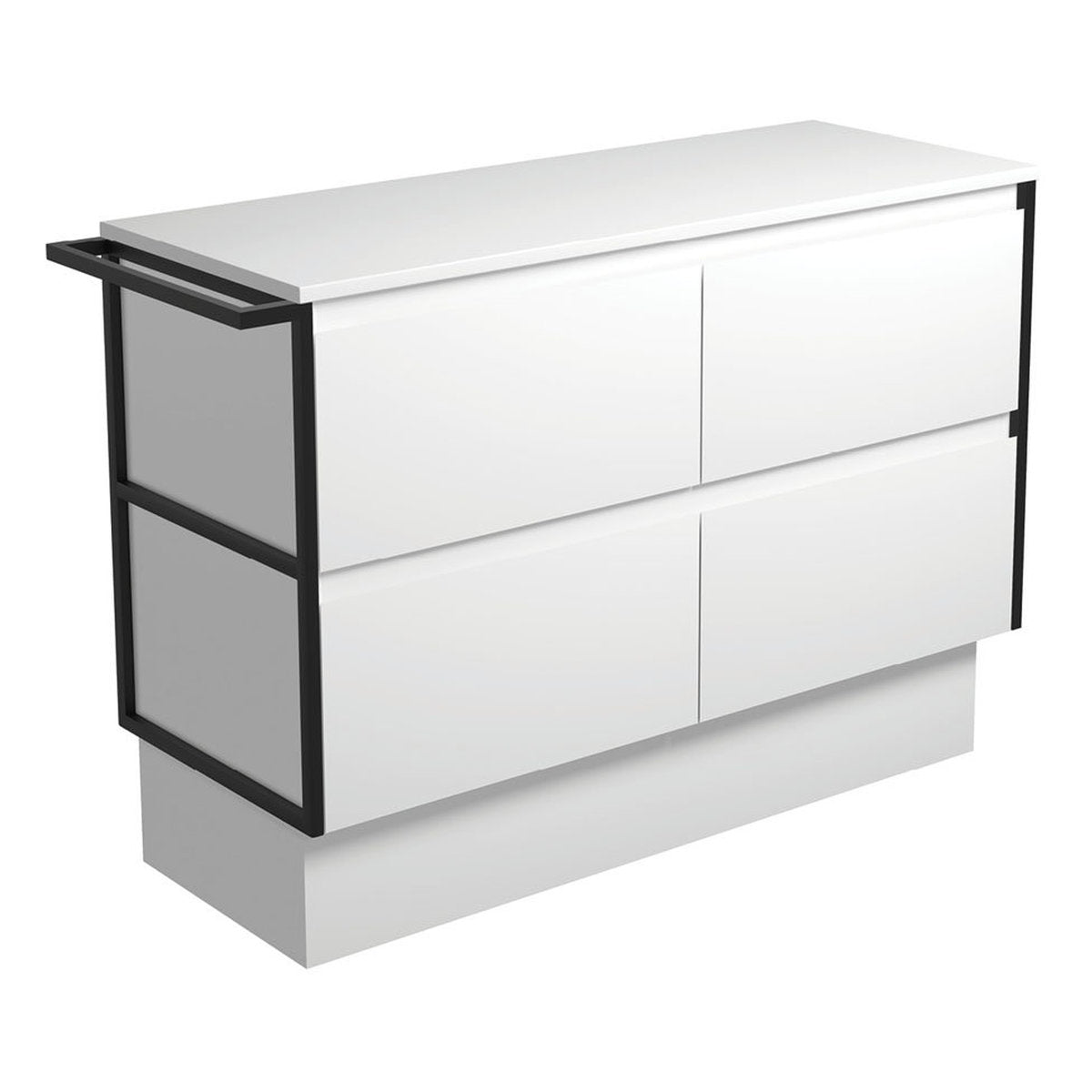 Fienza Amato Satin White 1200 Cabinet On Kickboard, 1 Frame & 1 Towel Rail