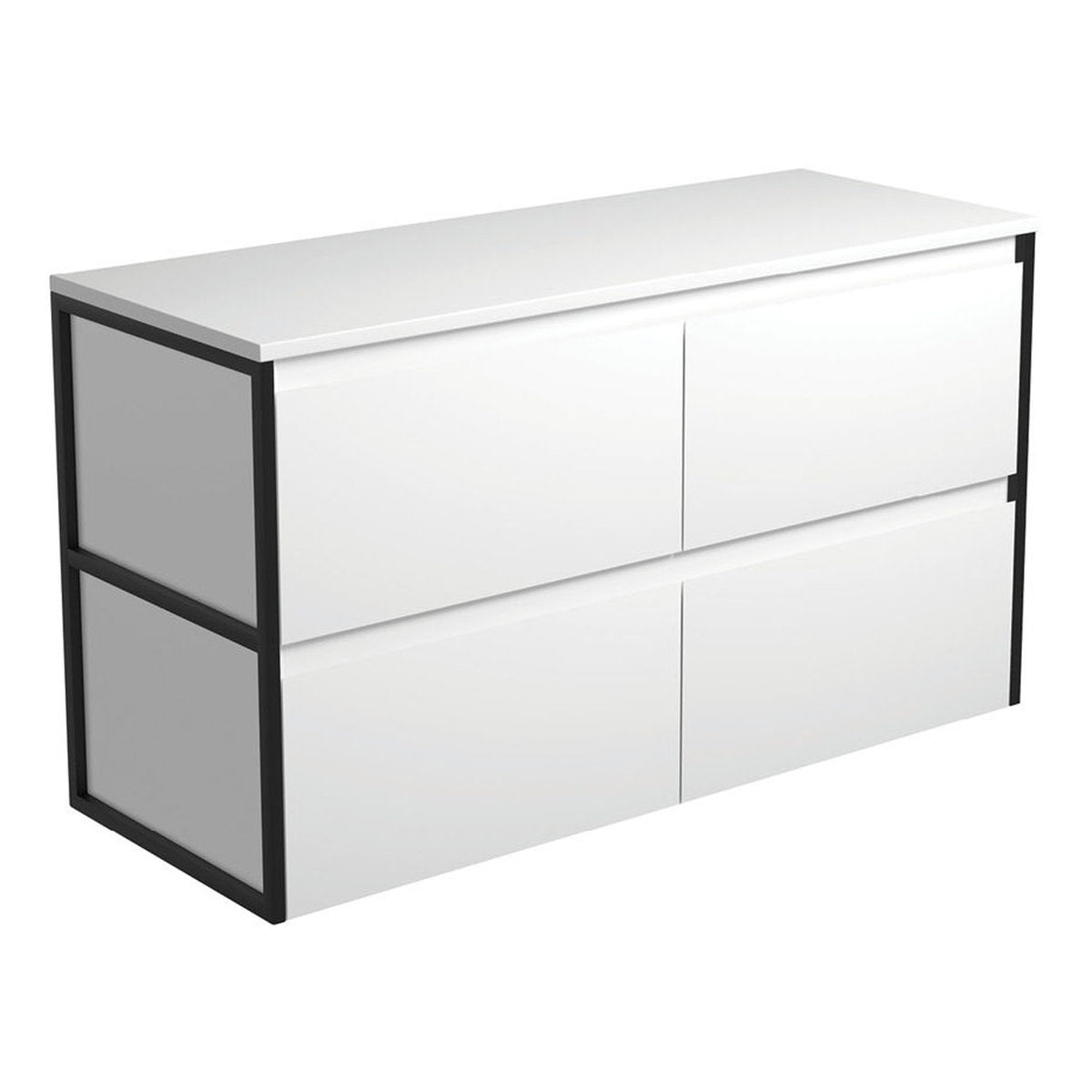 Fienza Amato Satin White 1200 Wall-Hung Cabinet, Matte Black Frames