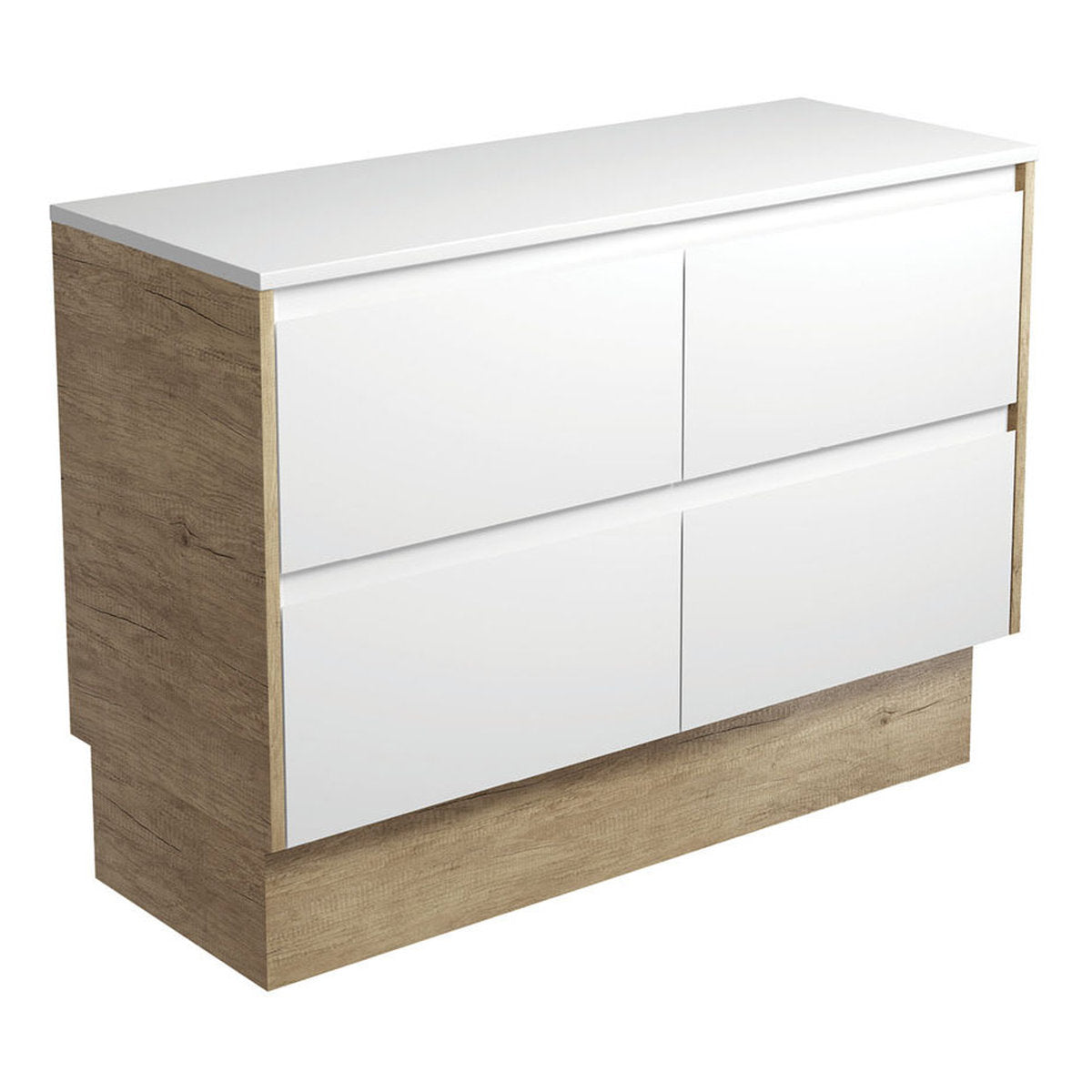 Fienza Amato Satin White 1200 Cabinet On Kickboard, Scandi Oak Panels
