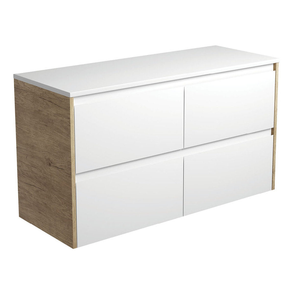 Fienza Amato Satin White 1200 Wall-Hung Cabinet, Scandi Oak Panels