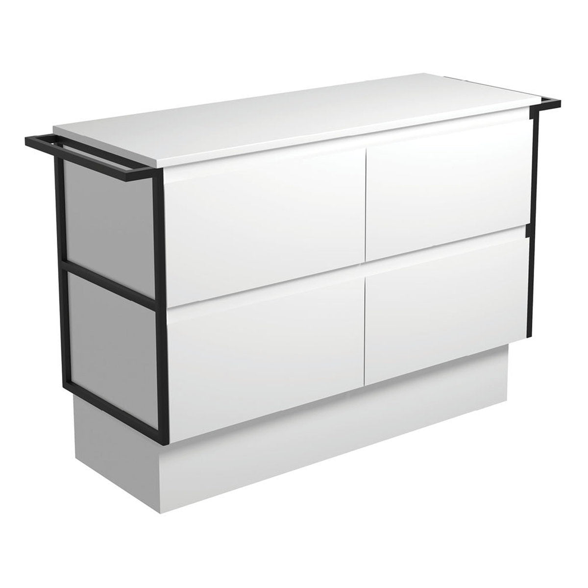 Fienza Amato Satin White 1200 Cabinet On Kickboard, Matte Black Towel Rails