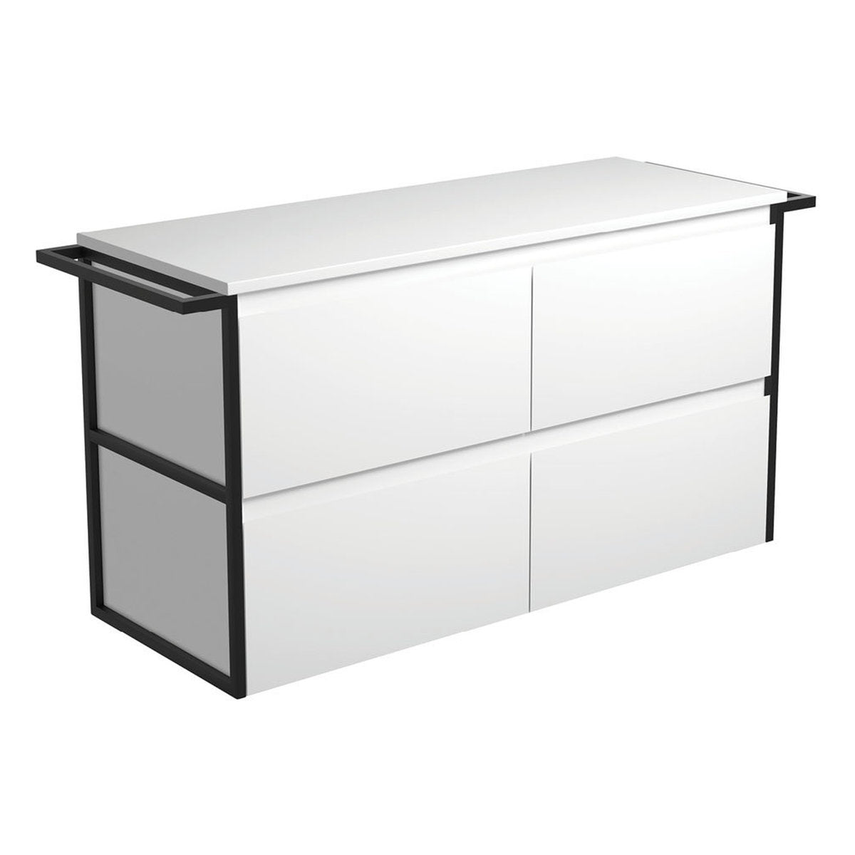 Fienza Amato Satin White 1200 Wall-Hung Cabinet, Matte Black Towel Rails