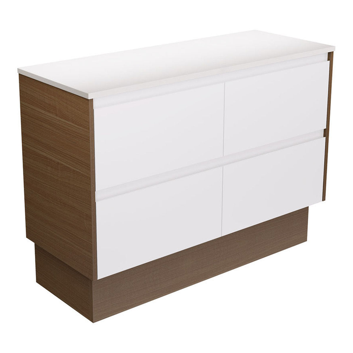 Fienza Amato Satin White 1200 Cabinet On Kickboard, Walnut Panels