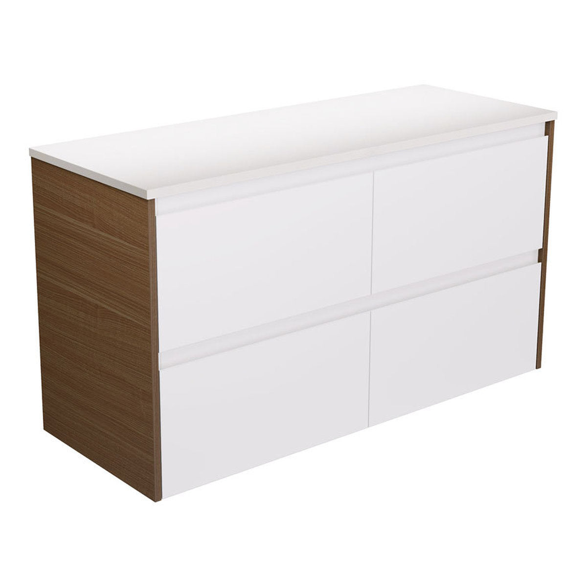 Fienza Amato Satin White 1200 Wall Hung Cabinet, Walnut Panels