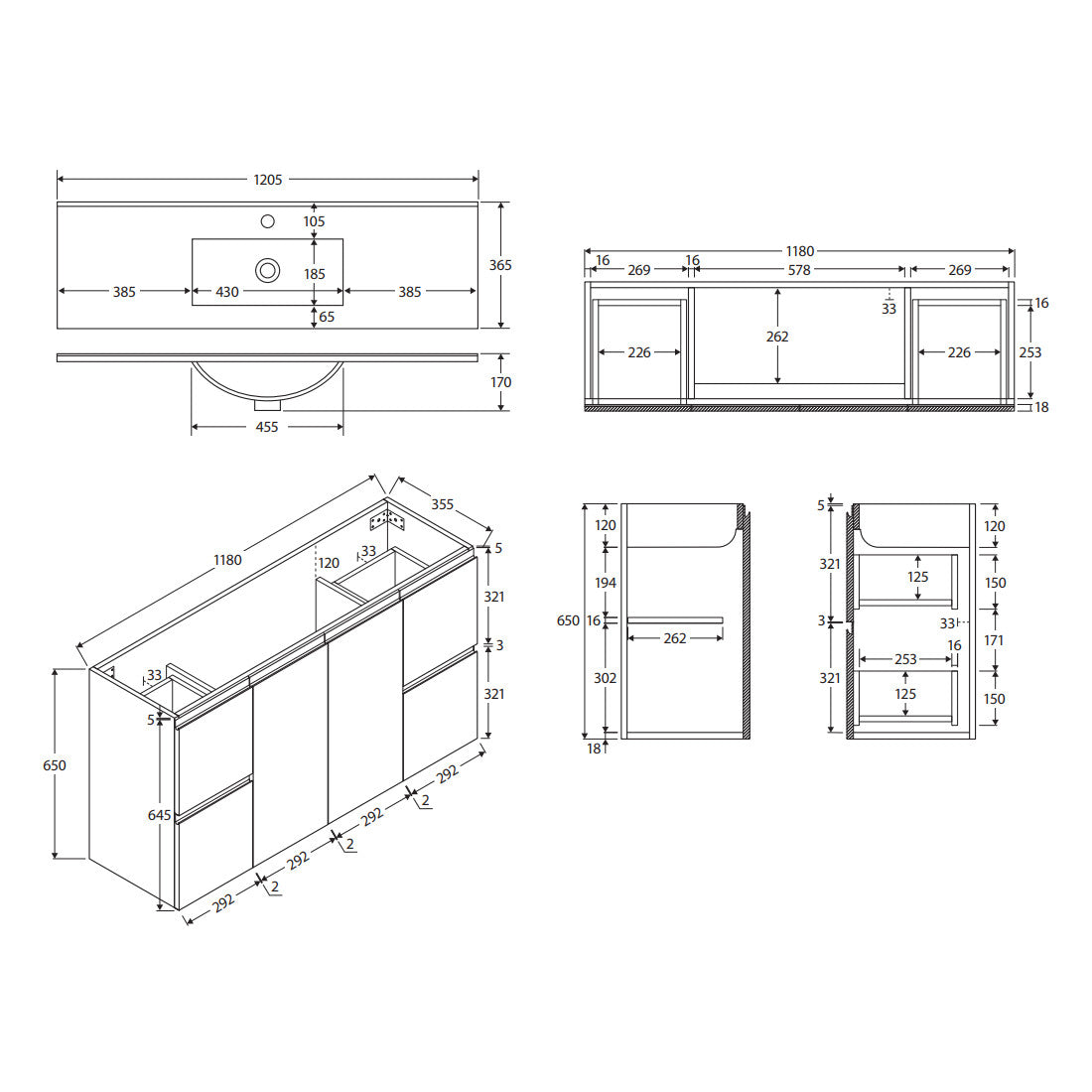 Siska Slim 1200 Wall-Hung Vanity - 1 Taphole