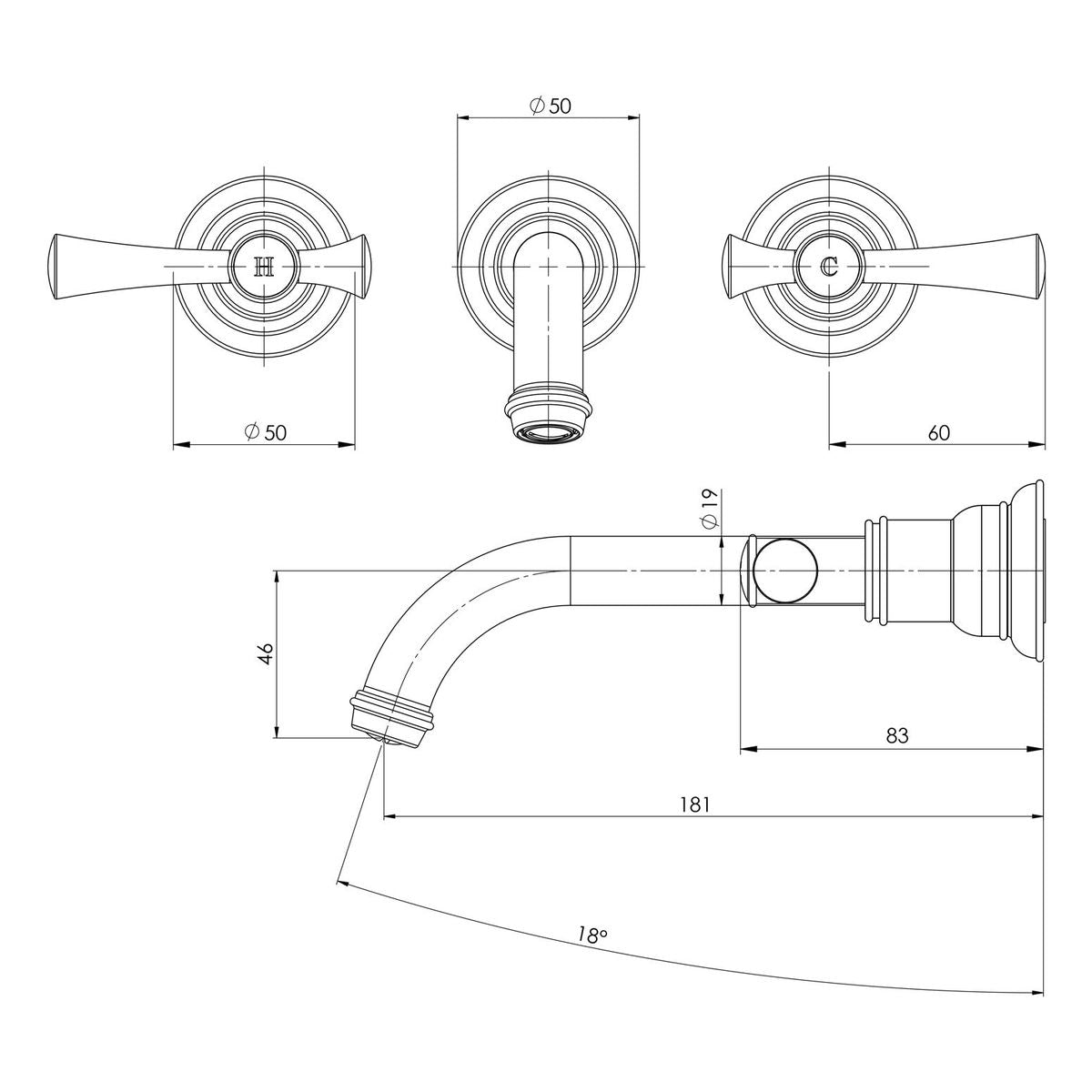 Cromford Wall Basin / Bath Tap Set, Lead Free - Chrome