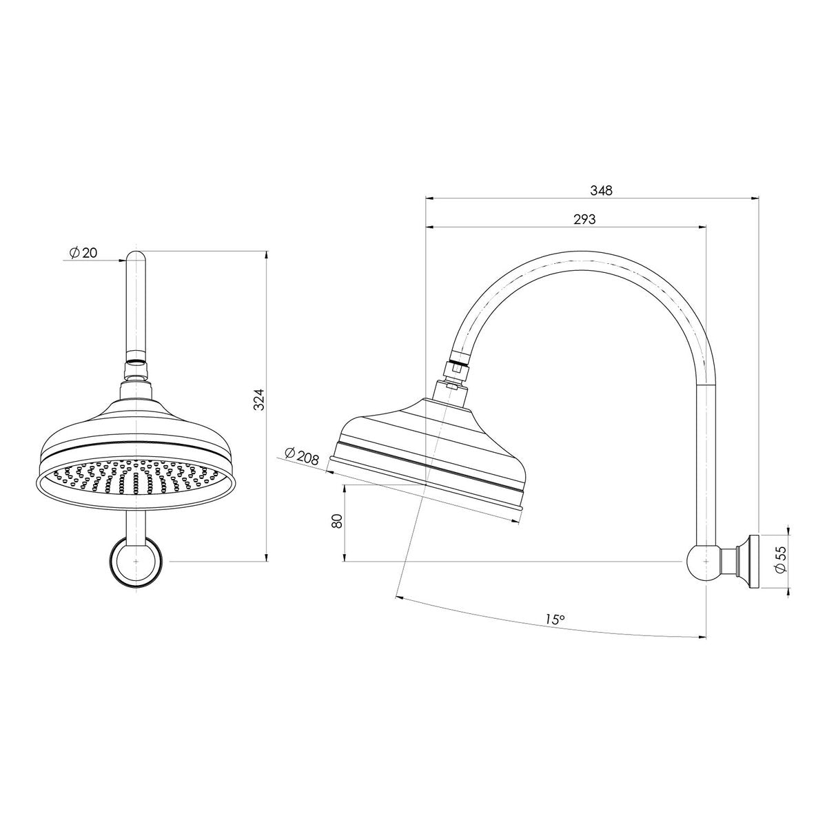 Phoenix Cromford High-Rise Shower Arm and Rose 210mm, Brushed Gold