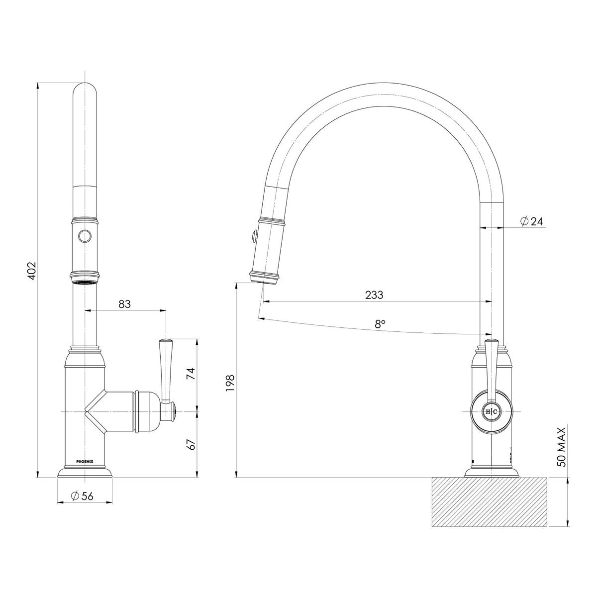 Phoenix Cromford Pull Out Sink Mixer 200mm, Lead Free, Matte Black