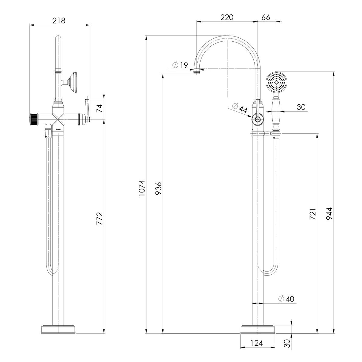 Cromford Floor Mounted Bath Mixer with Hand Shower, Brushed Gold
