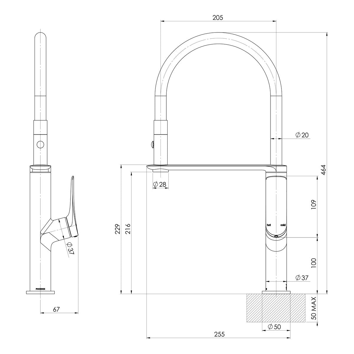 Phoenix Kusabi Flexible Hose Sink Mixer 200mm - Chrome
