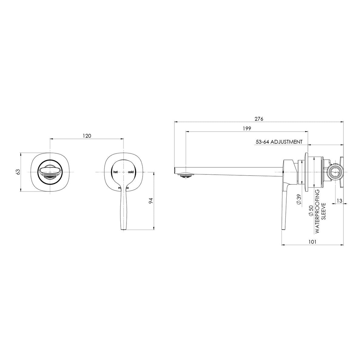 Phoenix Vask SwitchMix Wall Basin/Bath Mixer Set (Fit-Off Kit Only) - Lead Free, Brushed Carbon