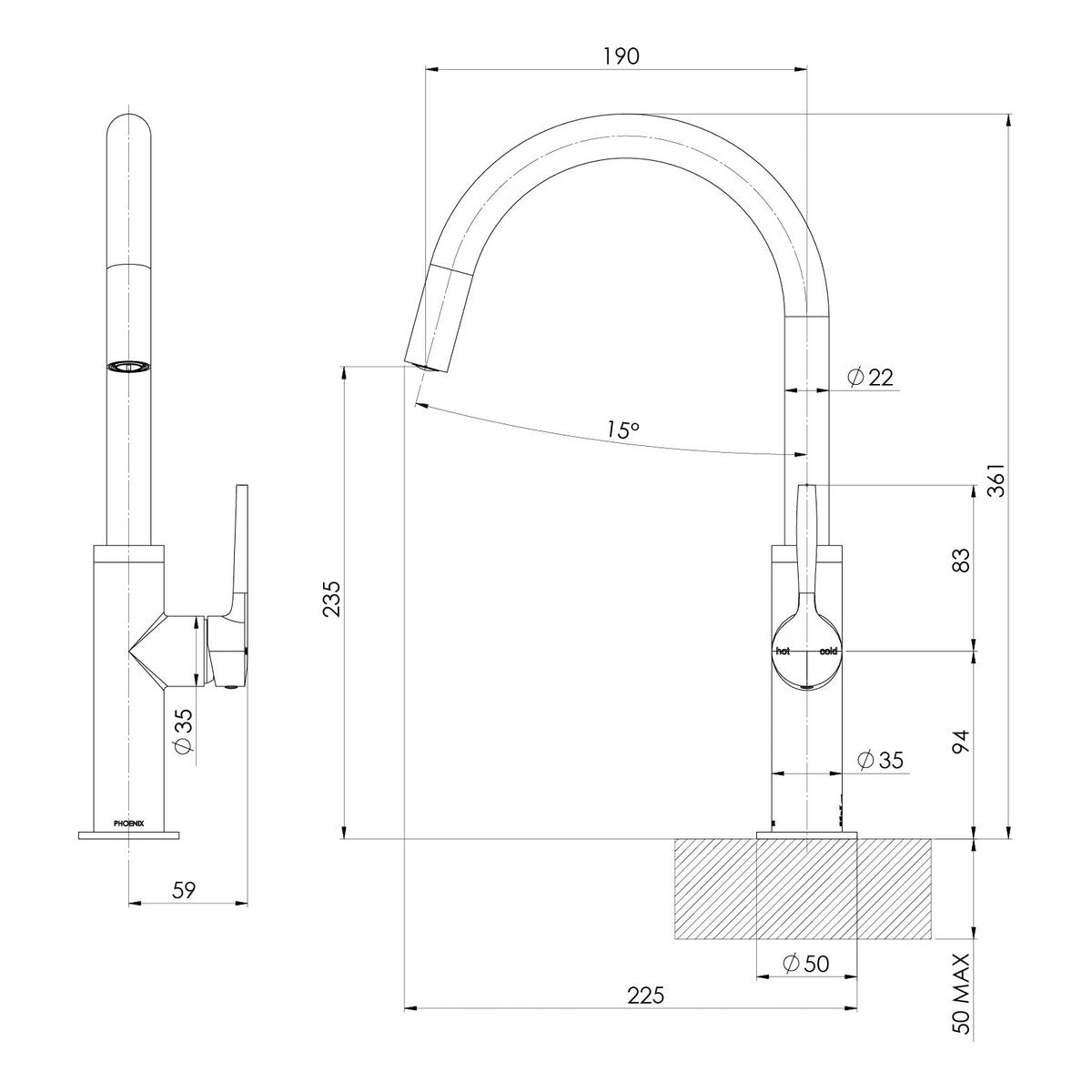 Phoenix Vask Sink Mixer 190mm - Lead Free, Chrome