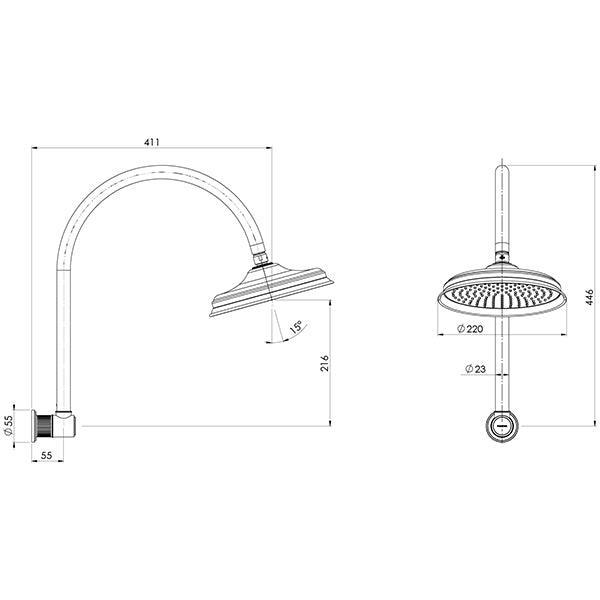 Phoenix Wiltern High-Rise Shower Arm & Rose, Chrome