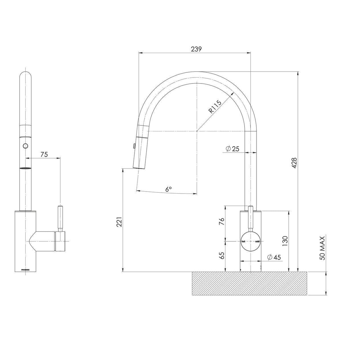 Phoenix Vivid MKII Pull Out Sink Mixer 240mm Gooseneck - Lead Free, Stainless Steel