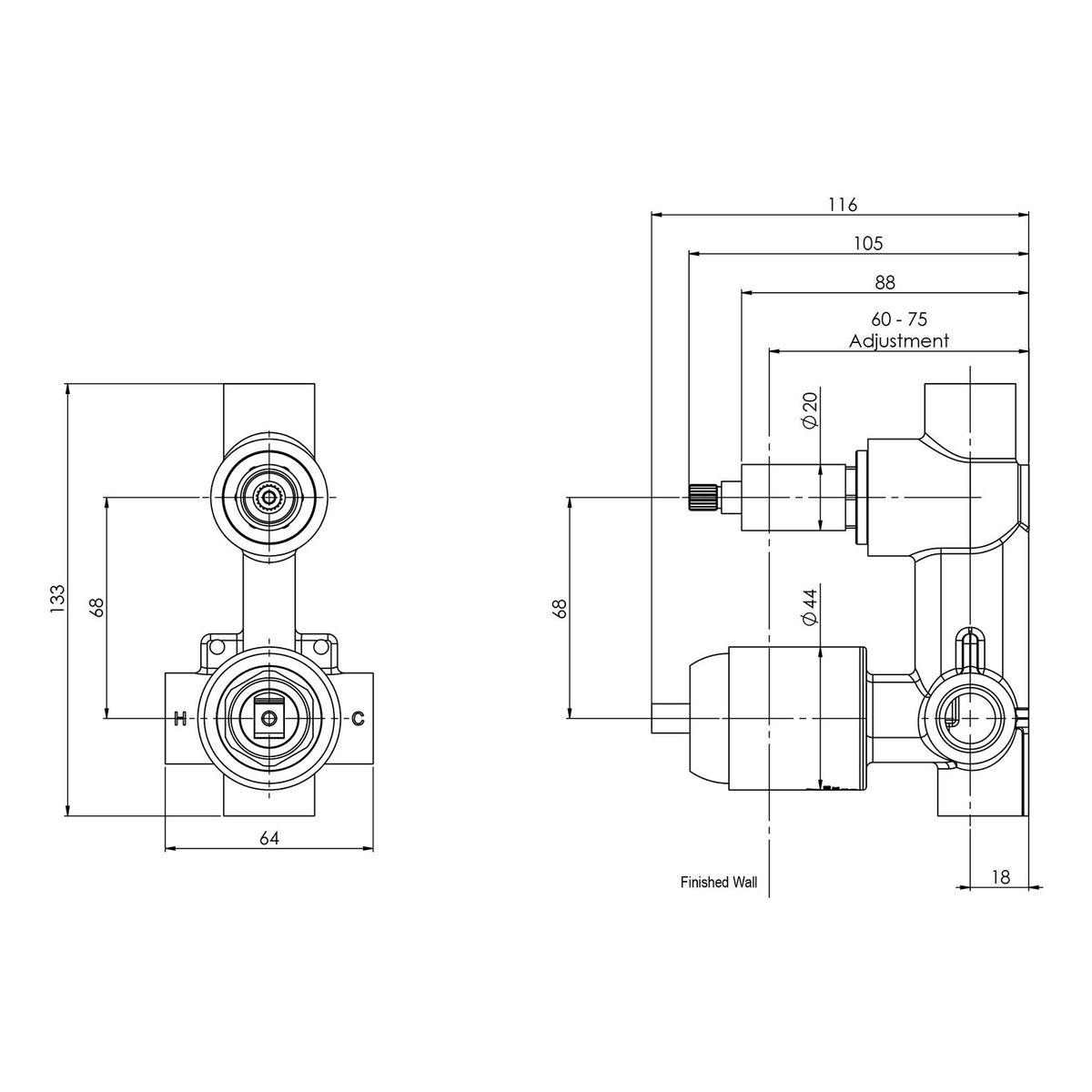 Builders Shower / Bath Diverter Mixer Body Only - Brushed Nickel