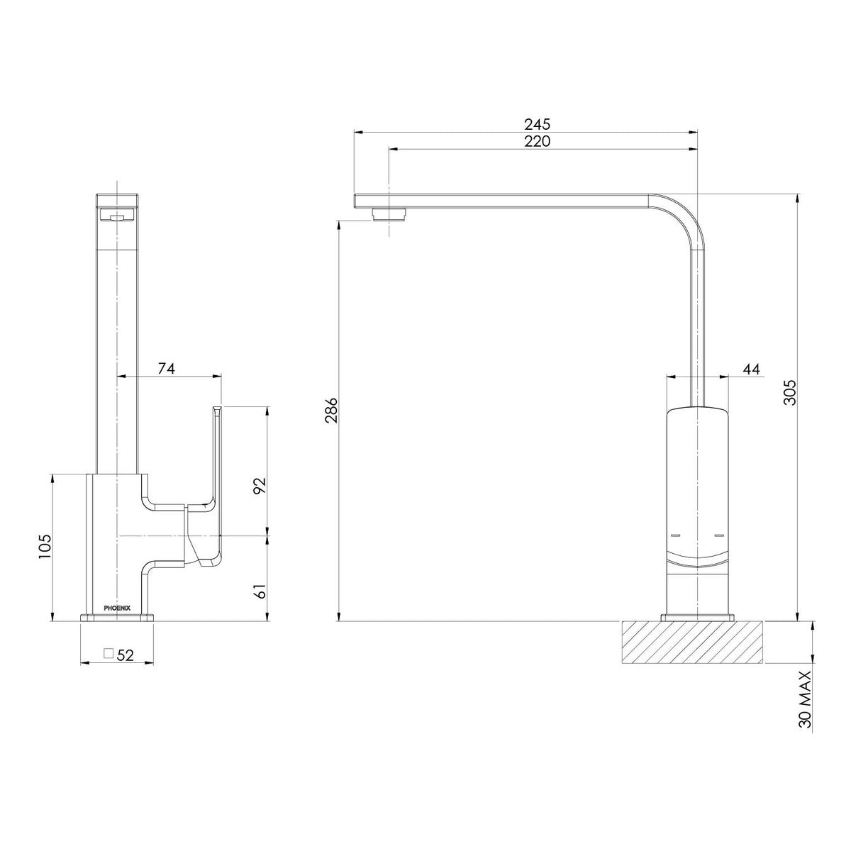 Phoenix Teva Sink Mixer 200mm Squareline - 6 Star - Lead Free, Brushed Nickel