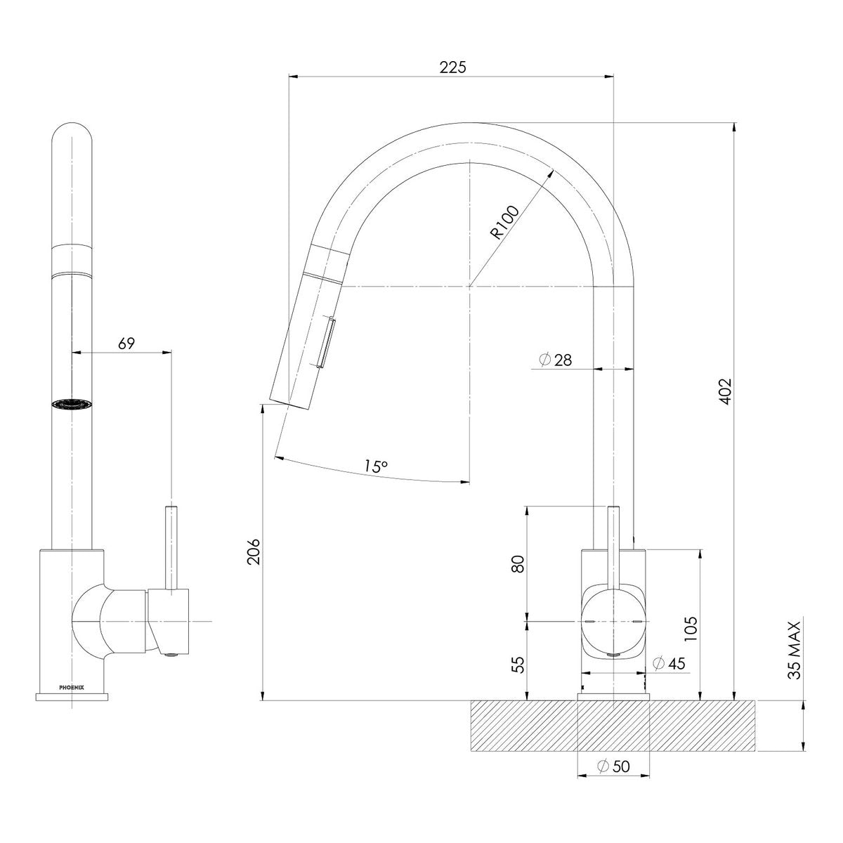 Phoenix Pina Pull Out Sink Mixer 230mm - Lead Free, Matte Black