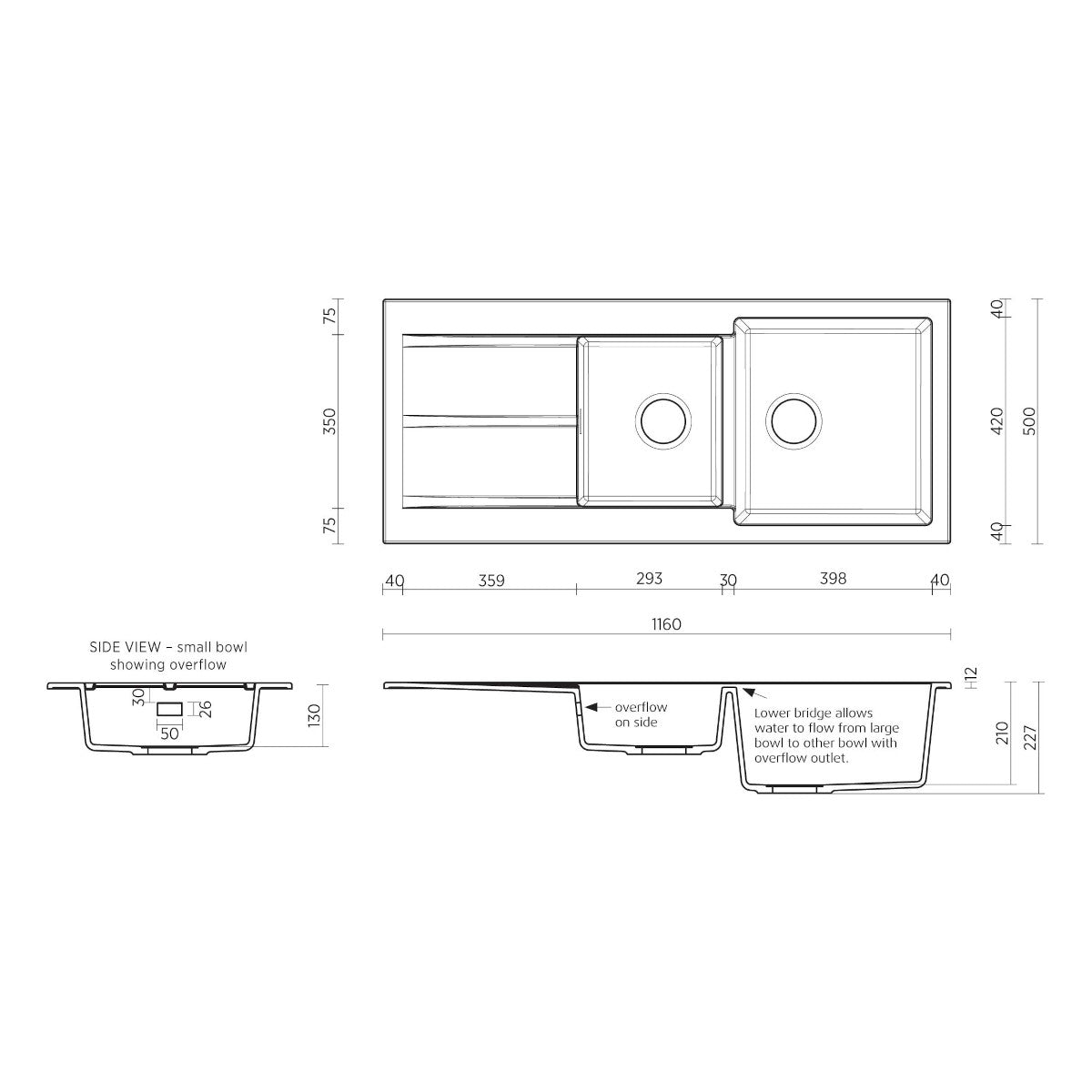 Seima Oros 1160 Arqstone Sink - Black, No Taphole, Reversible