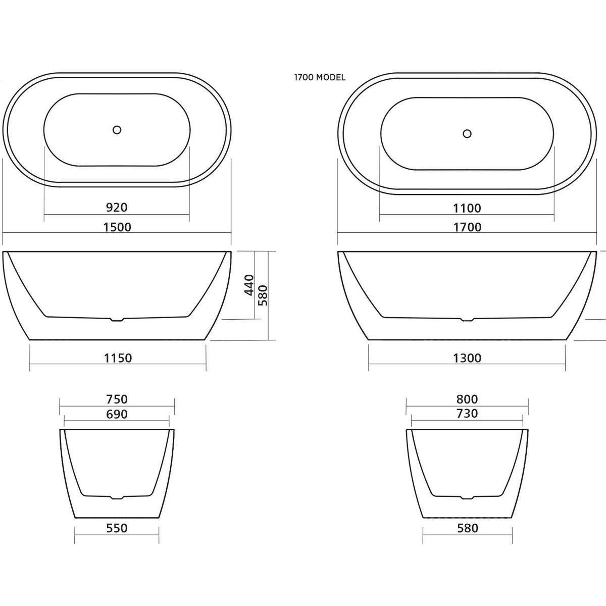 Arko 120 1500mm Freestanding Bath, White Gloss - Brushed Nickel Bezel & Waste